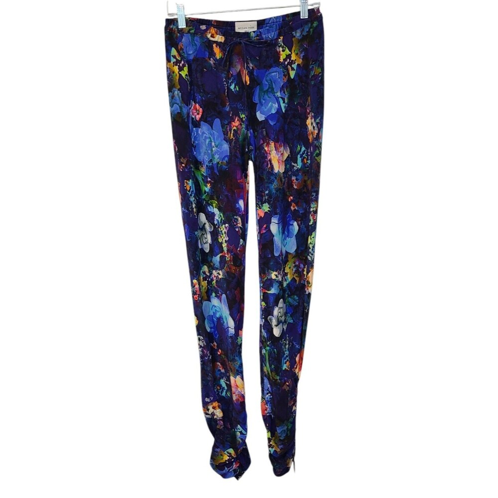 Megan Park Silk Crepe Blue Floral Printed Pants Size 1 (6US) Ruched NWT $480
